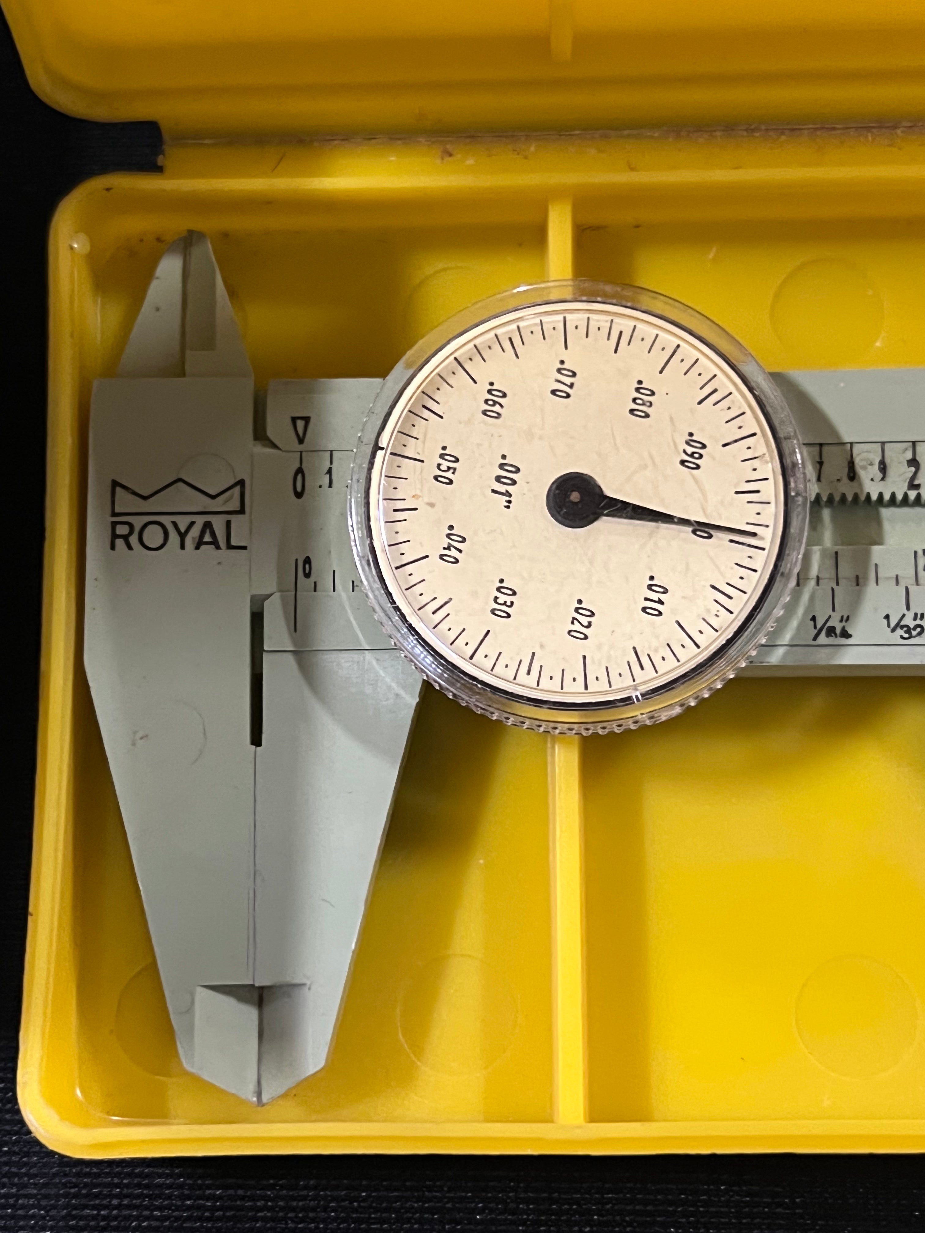 Vintage 1970s Royal Swiss Made Dial Caliper With Original Yellow Case