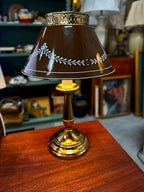 Vintage Brass Candlestick Lamp with Laurel Tole Shade, c. 1965–1985