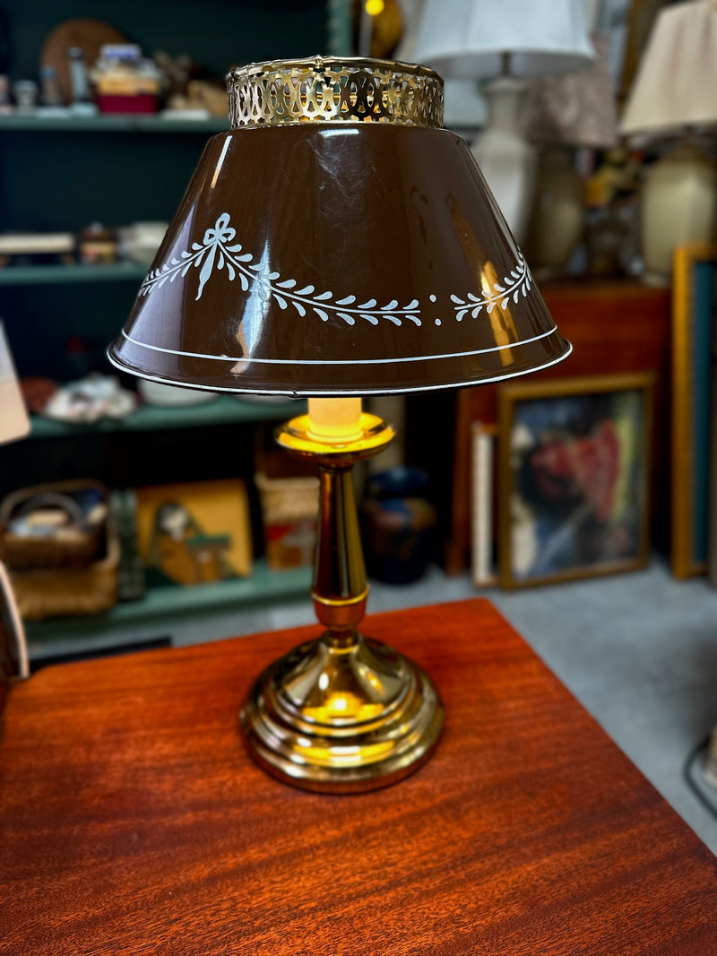 Vintage Brass Candlestick Lamp with Laurel Tole Shade, c. 1965–1985