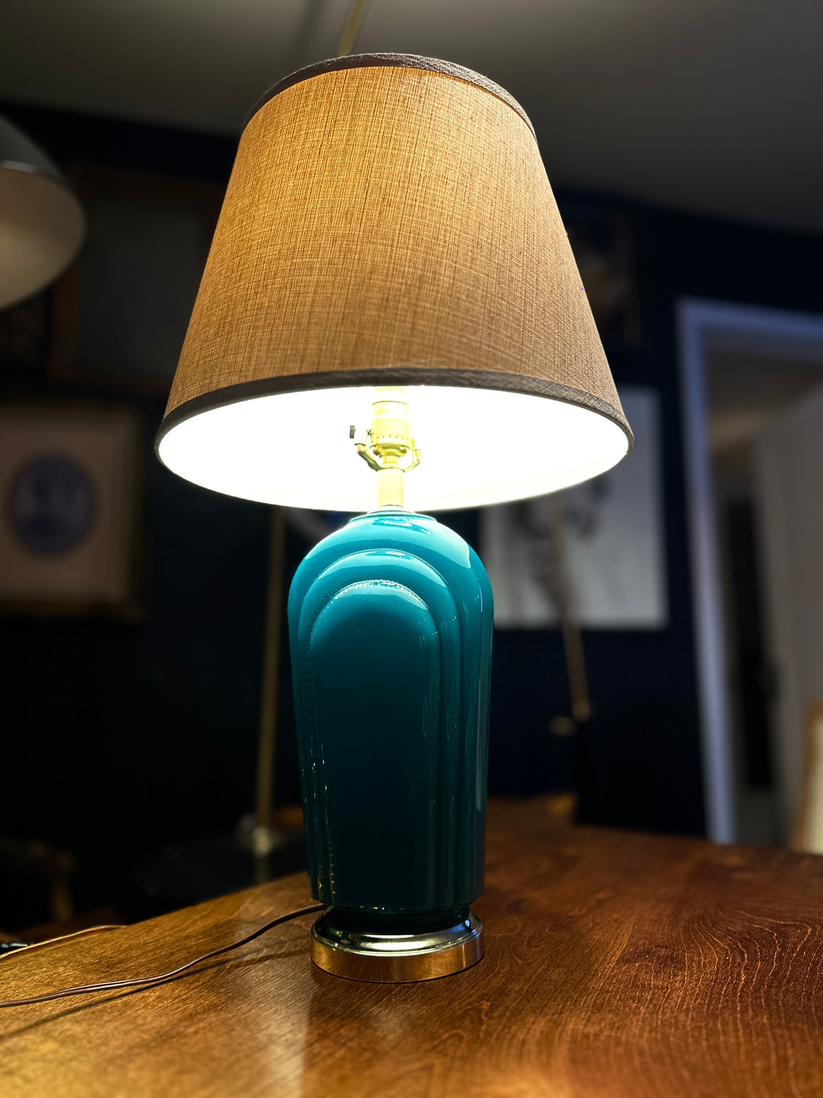 Vintage Turquoise Glass Table Lamp | Art Deco–Inspired Stepped Glass Base