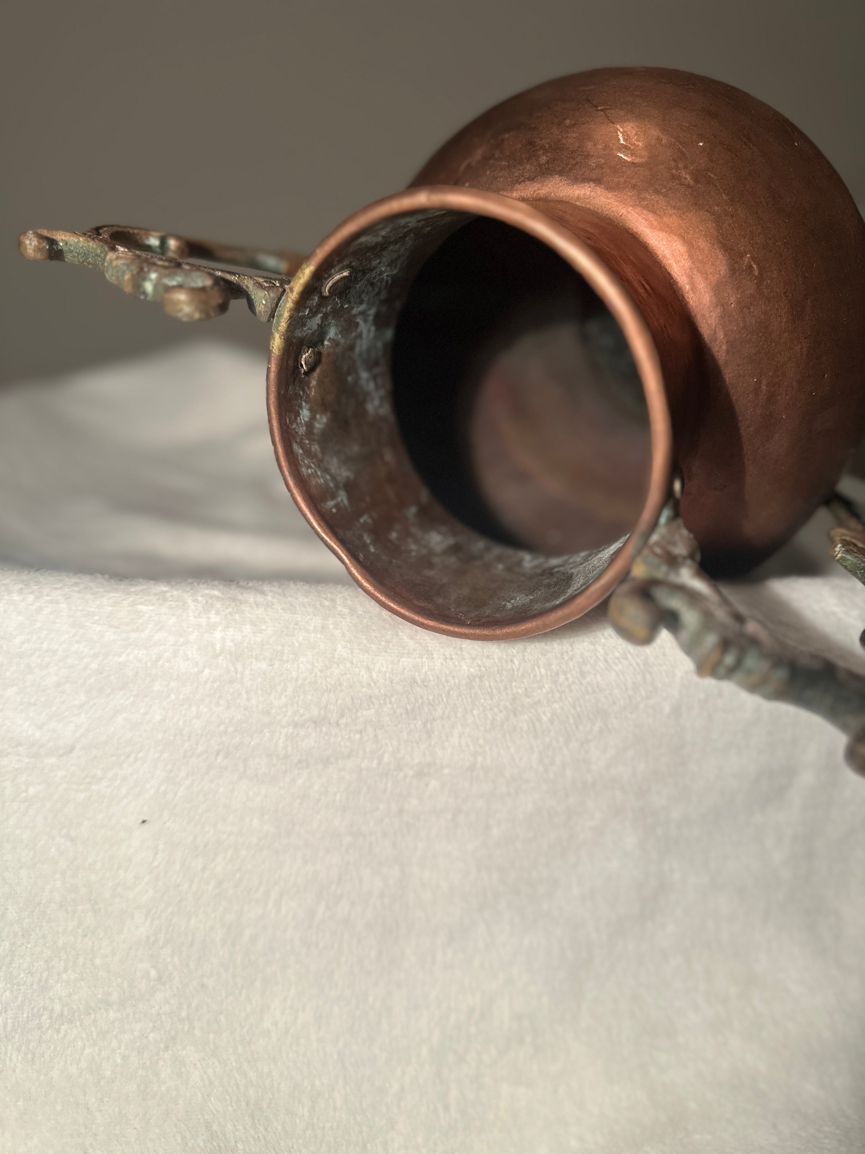 Large Hammered Copper Amphora Urn Vase with Ornate Cast Handles, c. 1930s–1950s