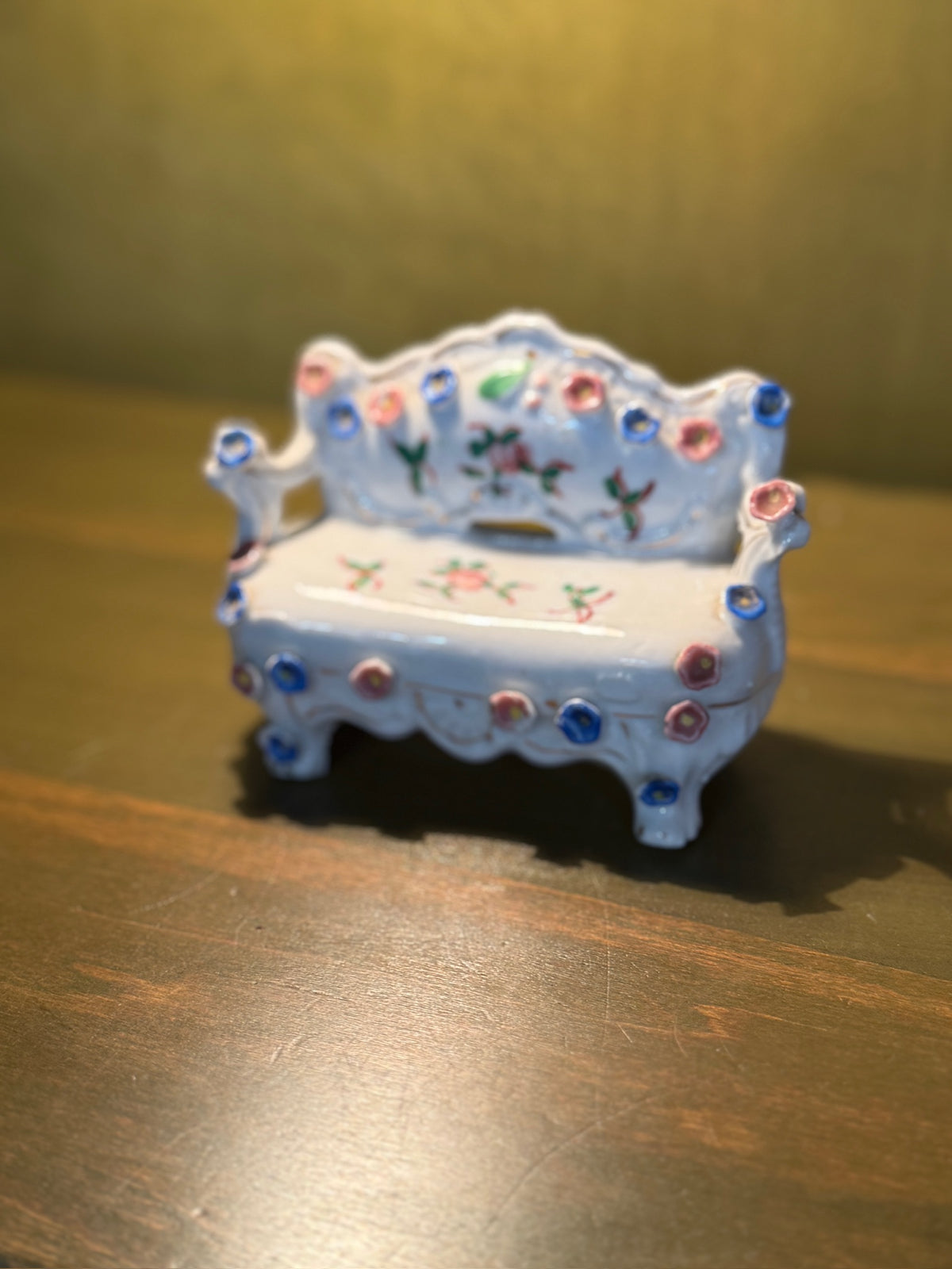 Miniature Porcelain Settee with Hand-Applied Flowers and Gilt Lining, Stamped Made in Occupied Japan — Datable to February 1947 – April 1952