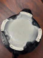 Hand-Painted Mexican Pottery Teapot, Grisaille View of the Puente de Tepetapa Lettered by the Painter, Black Glaze with Scalloped Rim and Foot, Guanajuato, Mid-20th Century