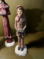 Three Hand-Painted Victorian Caroler Figures, Elongated Folk-Art Modelling with Dry-Brushed Antique Finish, Muffs, Bonnets and a Bell-Hung Wreath, Sold as a Set, c. 1985–2000