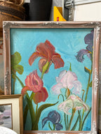Large Bearded Iris Oil Painting on Turquoise, Monogrammed, Limed Rococo Frame, c. 1990–2010
