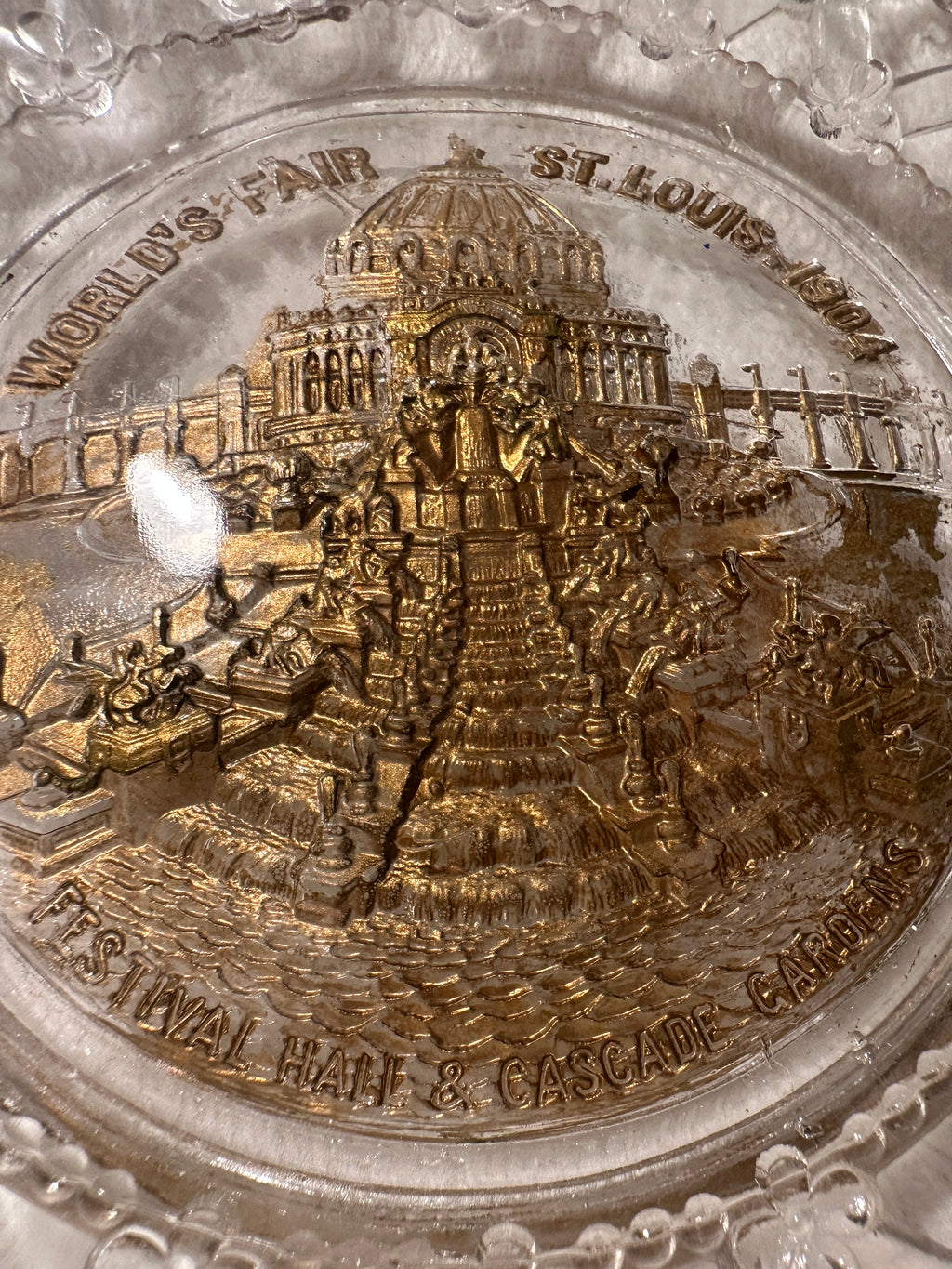 Antique 1904 St. Louis World’s Fair Pressed Glass Souvenir Plate, Festival Hall & Cascade Gardens