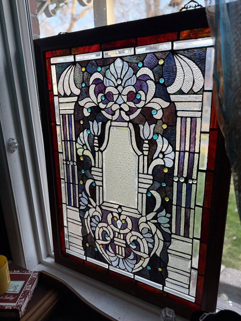 Antique Art Nouveau Stained Glass Window Panel c.1900–1915 – Floral Leaded Glass with Jewels