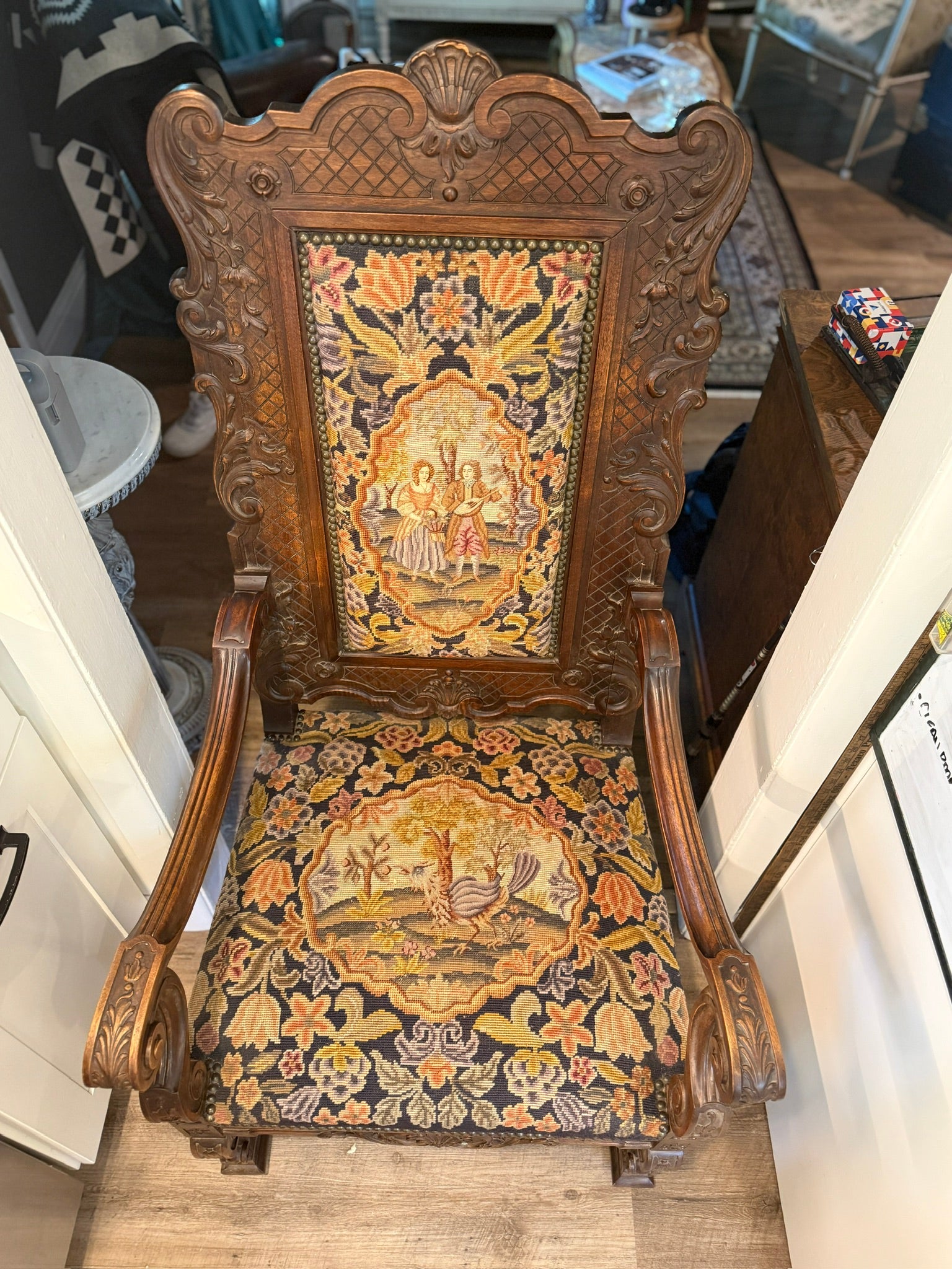 c.1870 French Renaissance Revival Carved Armchair with Antique Needlepoint