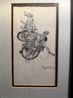 Mid Century Signed Figurative Ink Drawing of Figures Entwined with Bicycle c. 1950s