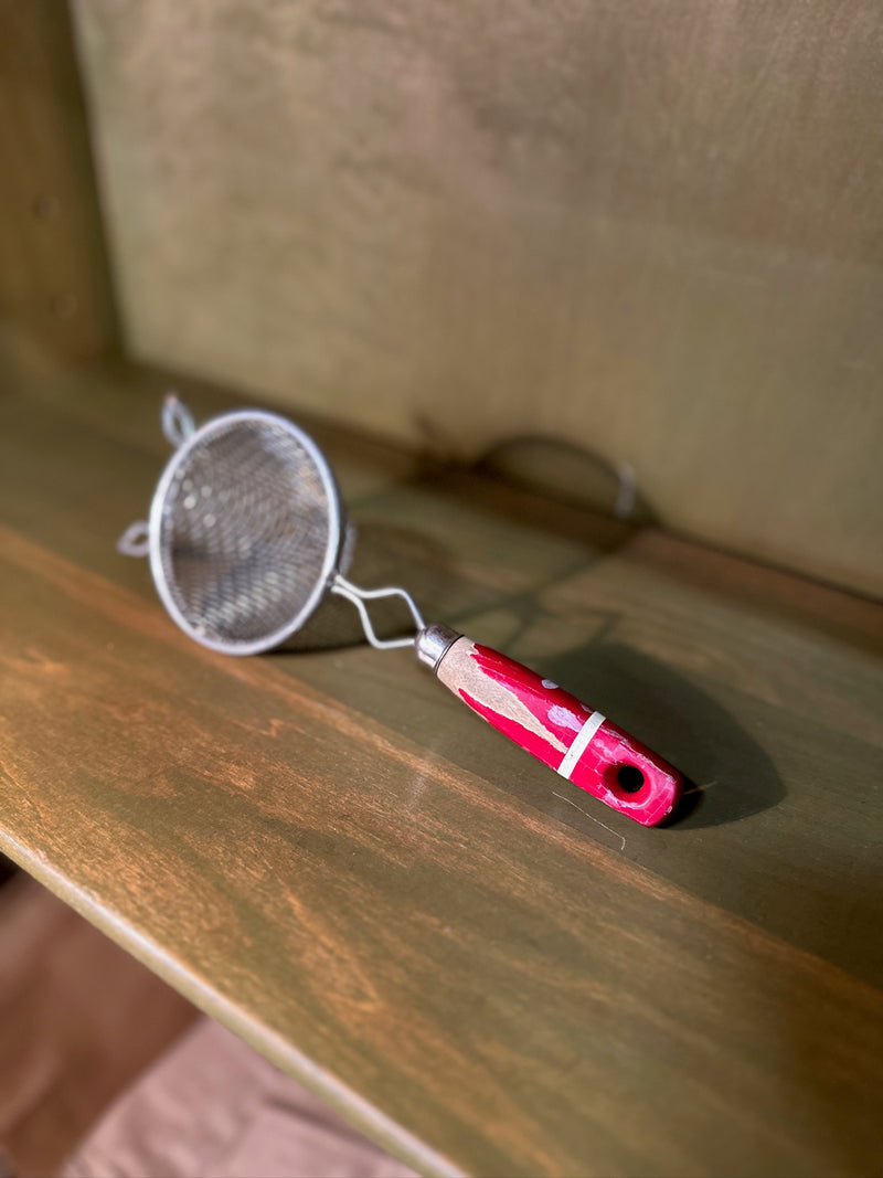 Small Wire-Mesh Tea Strainer with Twin Cup Rests and Red-Painted Wooden Handle, c. 1940–1960