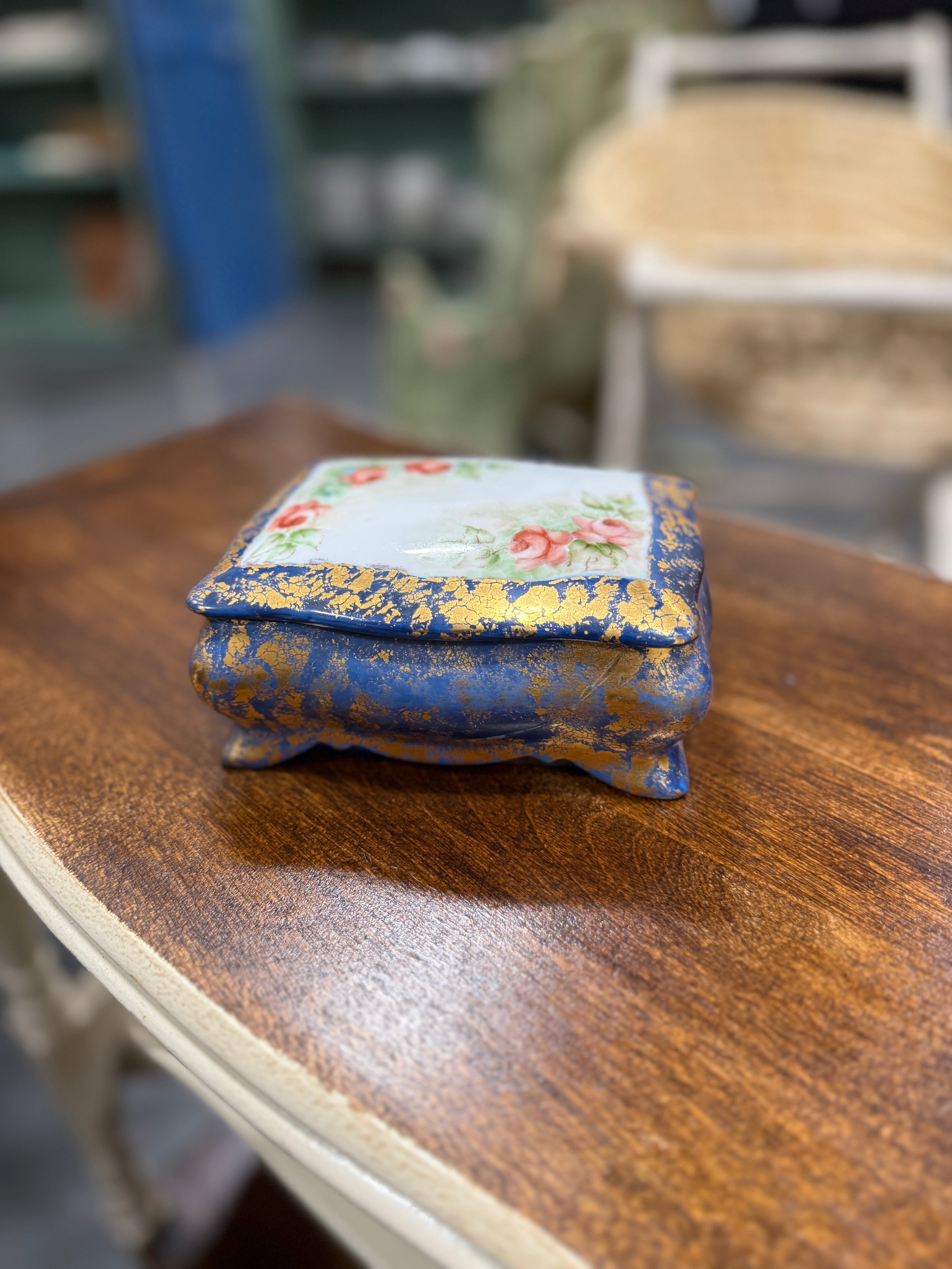 Artist-Signed Hand-Painted Porcelain Dresser Box with Cobalt Blue & Gold Finish