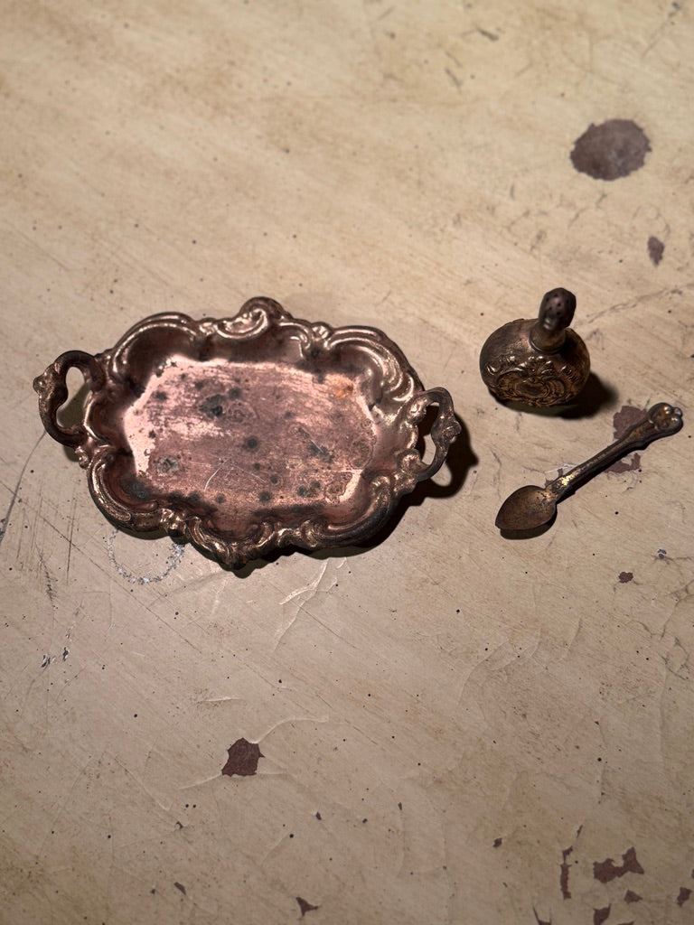 Antique Rococo Copper Vanity Tray & Miniature Scent Bottle c. 1890–1930