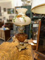 Antique Amber Cherub Glass Oil Lamp Font, Electrified, c. 1890–1915