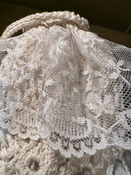 Hand-Crocheted Cotton Drawstring Reticule with Lace Inserts and Worked Cord Ties, Shell-and-Picot Base, Ivory