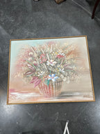 Large Impasto Floral Still Life by Lee Reynolds for Vanguard Studios, Oil on Canvas in Dusty Rose, Sage and Cream, Signed, c. 1975–1985