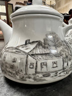 Hand-Painted Porcelain Coffee Pot, Teapot and Creamer with Grisaille Landscapes, Signed Claire and Dated C. Smith 1-84