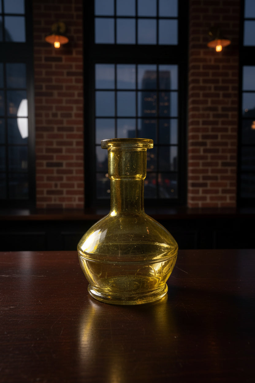 Clear glass bottle with a textured neck on a dark surface