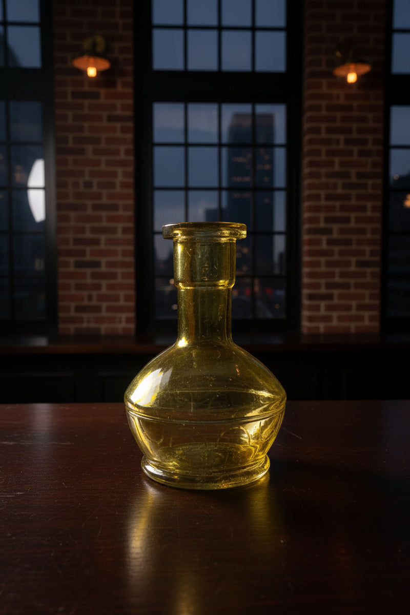 Clear glass bottle with a textured neck on a dark surface