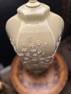 Vintage Embossed Floral Ceramic Table Lamp with Linen Shade | Elegant Neutral Accent Lamp