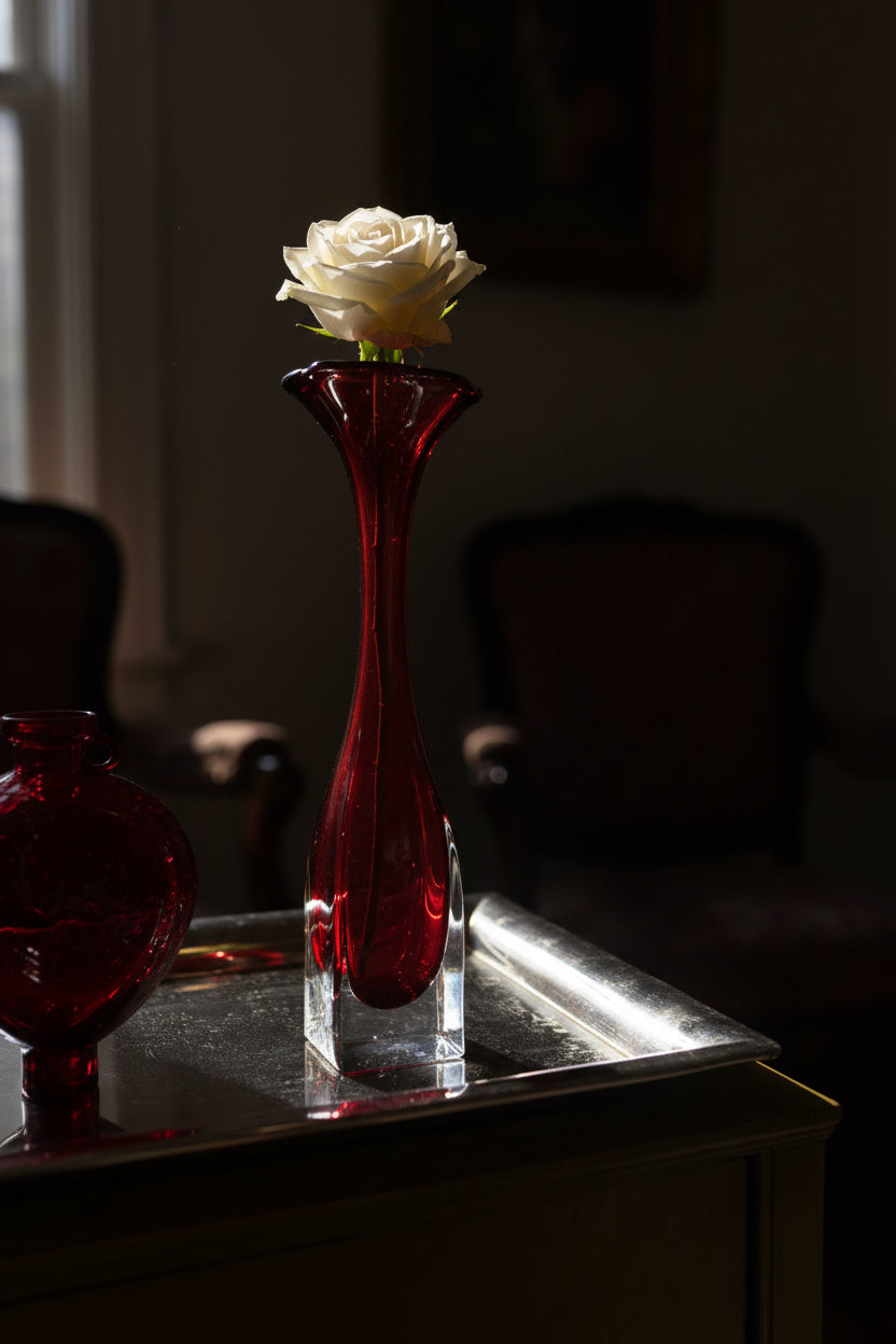Vintage Ruby Red Art Glass Bud Vase with Clear Pedestal Base, c. 1960s–1980s