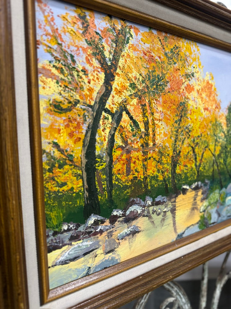 Vintage Impasto Autumn Creek Landscape Oil Painting
