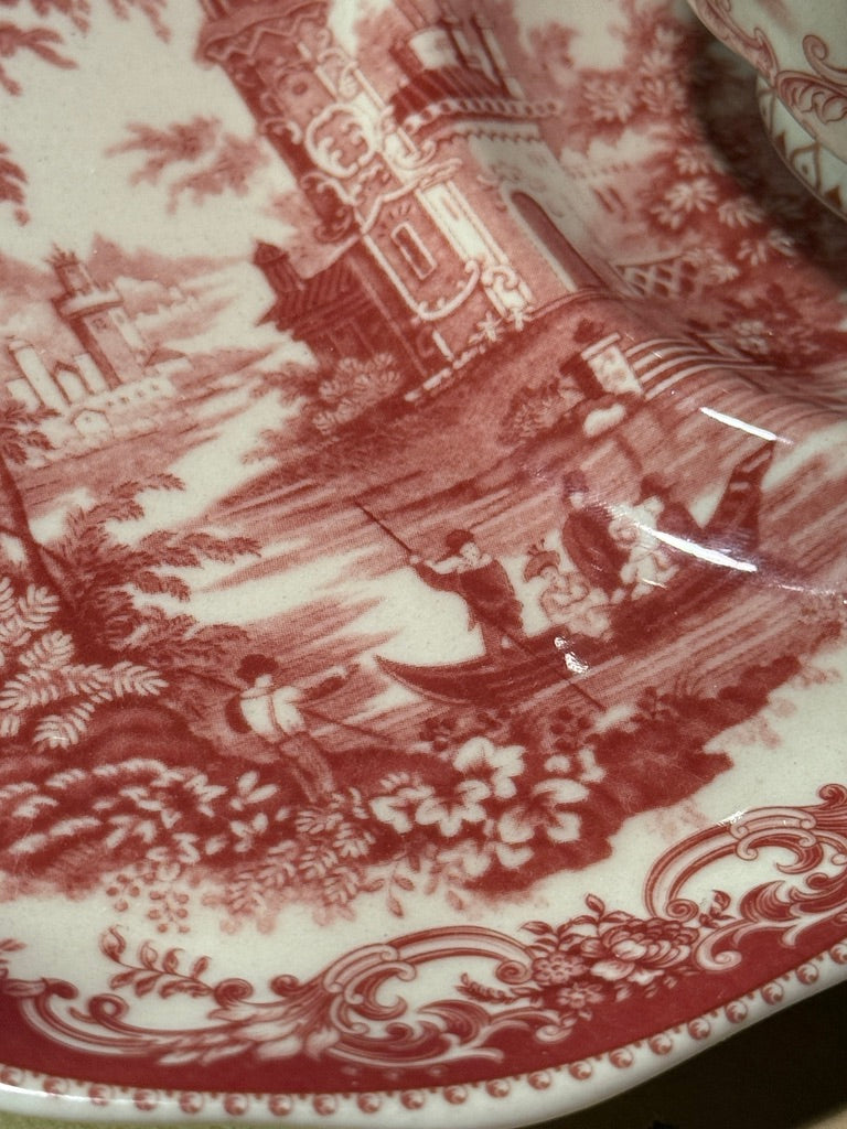 Antique Staffordshire Red Transferware Teacup & Shaped Saucer c. 1890–1910