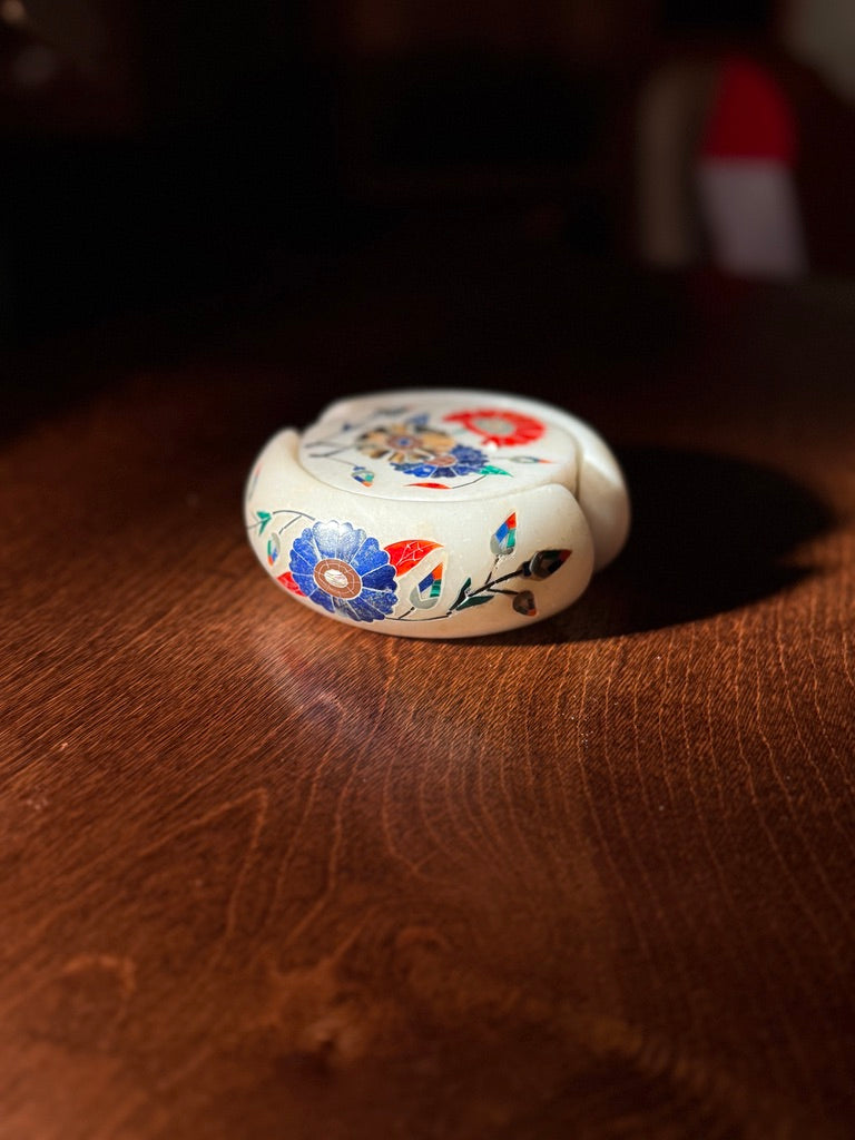 Italian Pietra Dura Marble Coaster Set with Floral Inlay, Mid-20th Century