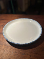 Open-Sponge Blue Rim Plate in Cream Earthenware, Deeply Aged Crazing, Unglazed Base with a Painted Decorator's Tally, c. 1880–1905