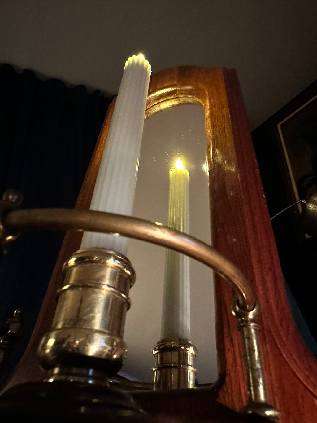 Italian Mirrored Wall Candle Sconce, c. 1950s–1960s | Federal Revival Wood & Brass Candleholder