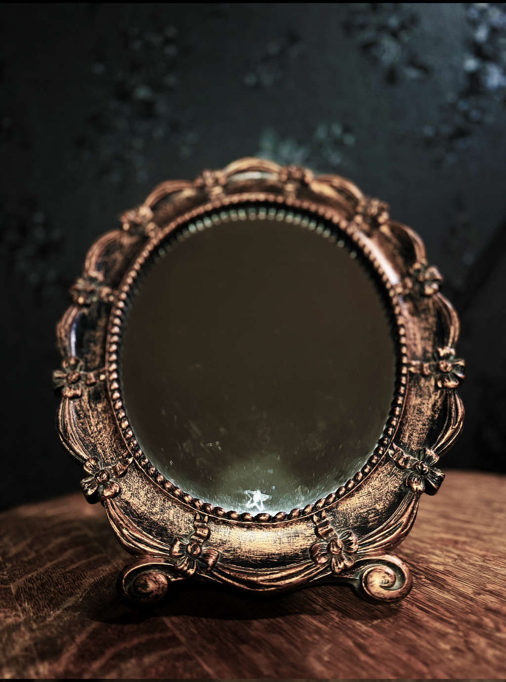 Decorative Oval Tabletop Mirror, Reliance Products Co., 1943, Cast Metal with Gilt Finish and Easel-Back Stand