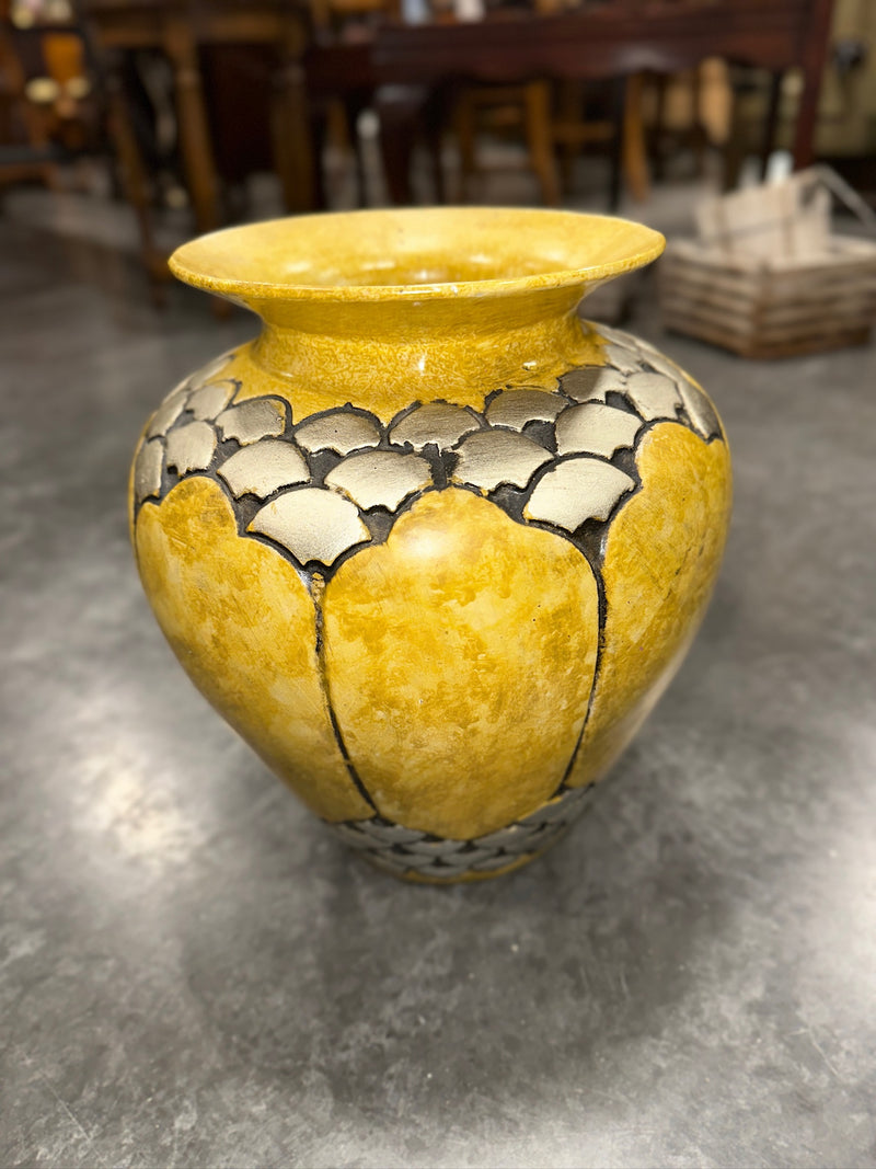 Large Glazed Earthenware Floor Jar Carved in Lotus Petal and Imbricated Scale, Ochre Glaze with Applied Silver Leaf, Southeast Asian, c. 1920–1980