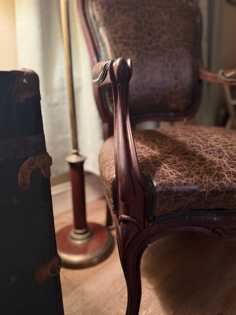 Antique Victorian Armchair Reupholstered in Distressed Brown Leather c. 1880–1900