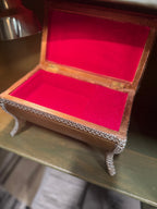 Giltwood Footed Jewellery Casket with Ballet Studio Scene and White Filigree Trim, Red Velvet Interior, Original L Gambor “Twinkle Toes” Label, Japan, After 1952