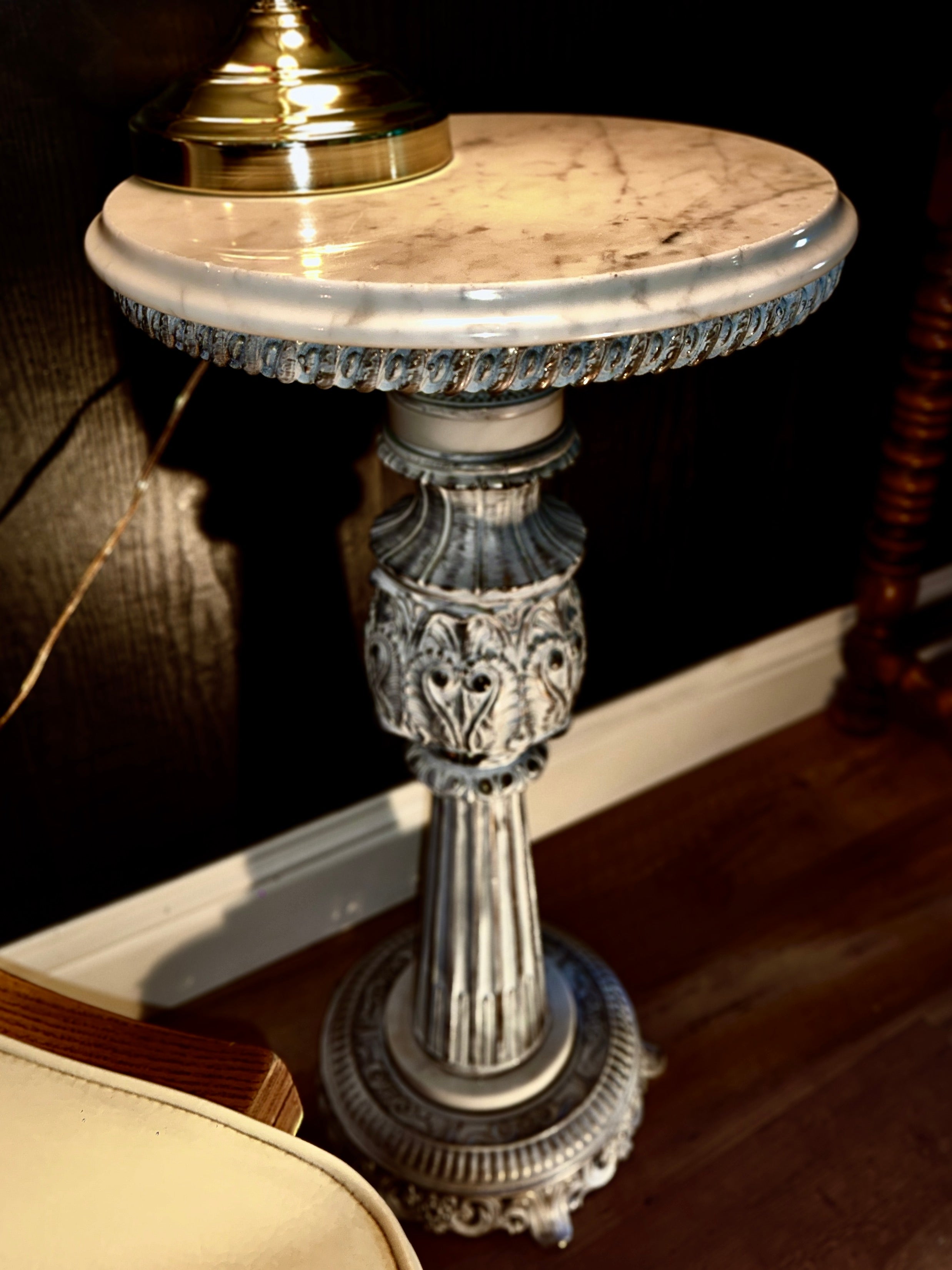 Vintage Marble Pedestal Side Table with Cast Ornate Base, c. 1940s–1950s