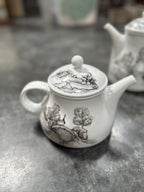 Hand-Painted Porcelain Coffee Pot, Teapot and Creamer with Grisaille Landscapes, Signed Claire and Dated C. Smith 1-84