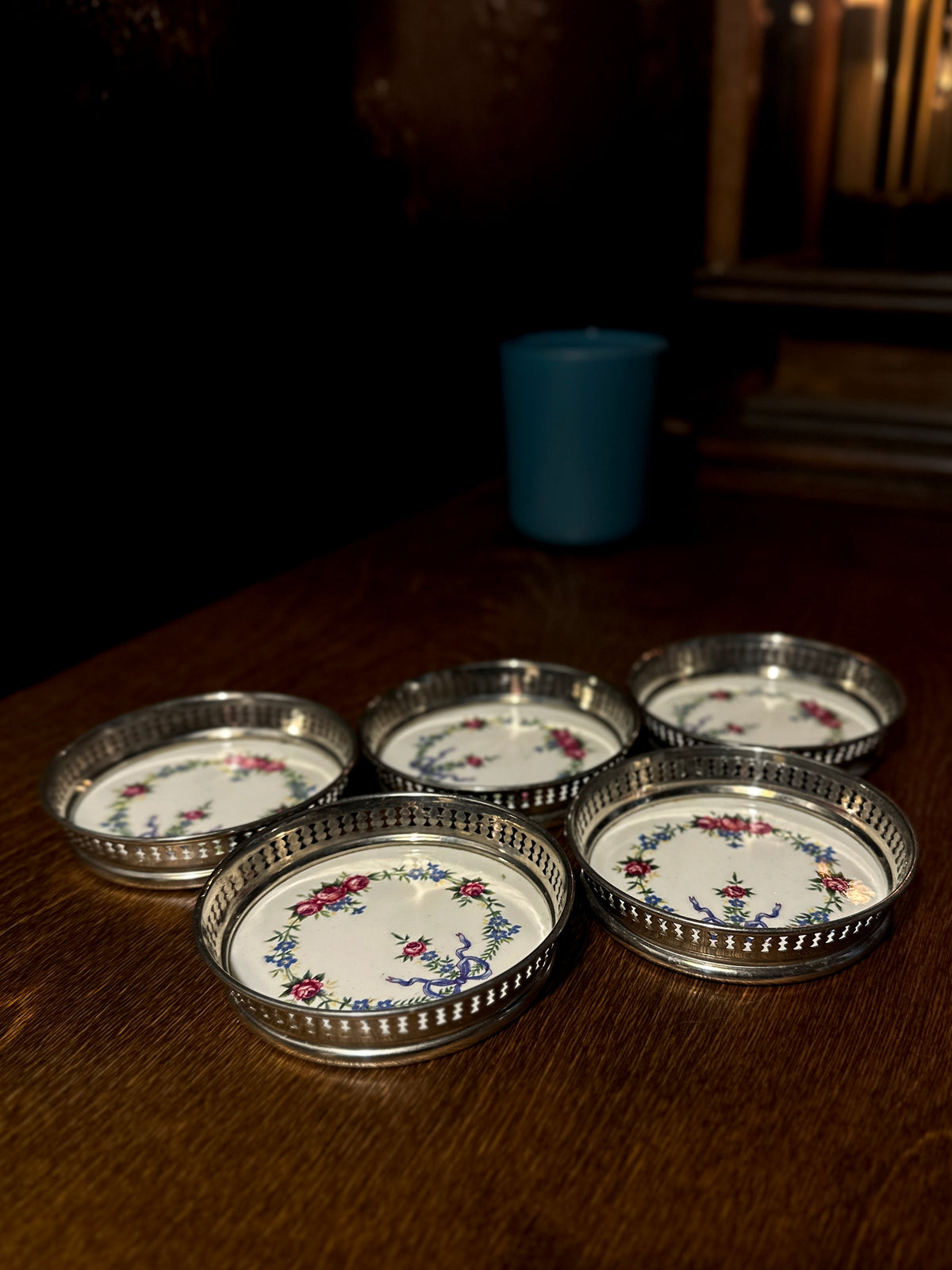 Set of Five Floral Porcelain Coasters with Pierced Silverplate Gallery Rims
