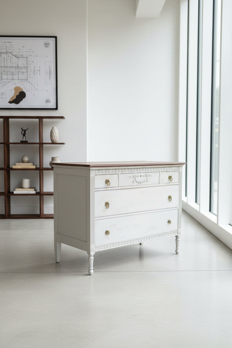 Louis XVI-Style White Chest Of Drawers with Custom Two-Tone Oak & Bombay Mahogany Top