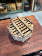 Vintage Hexagonal Slatted Wood Basket with Rope Beckets, c. 1920–1955