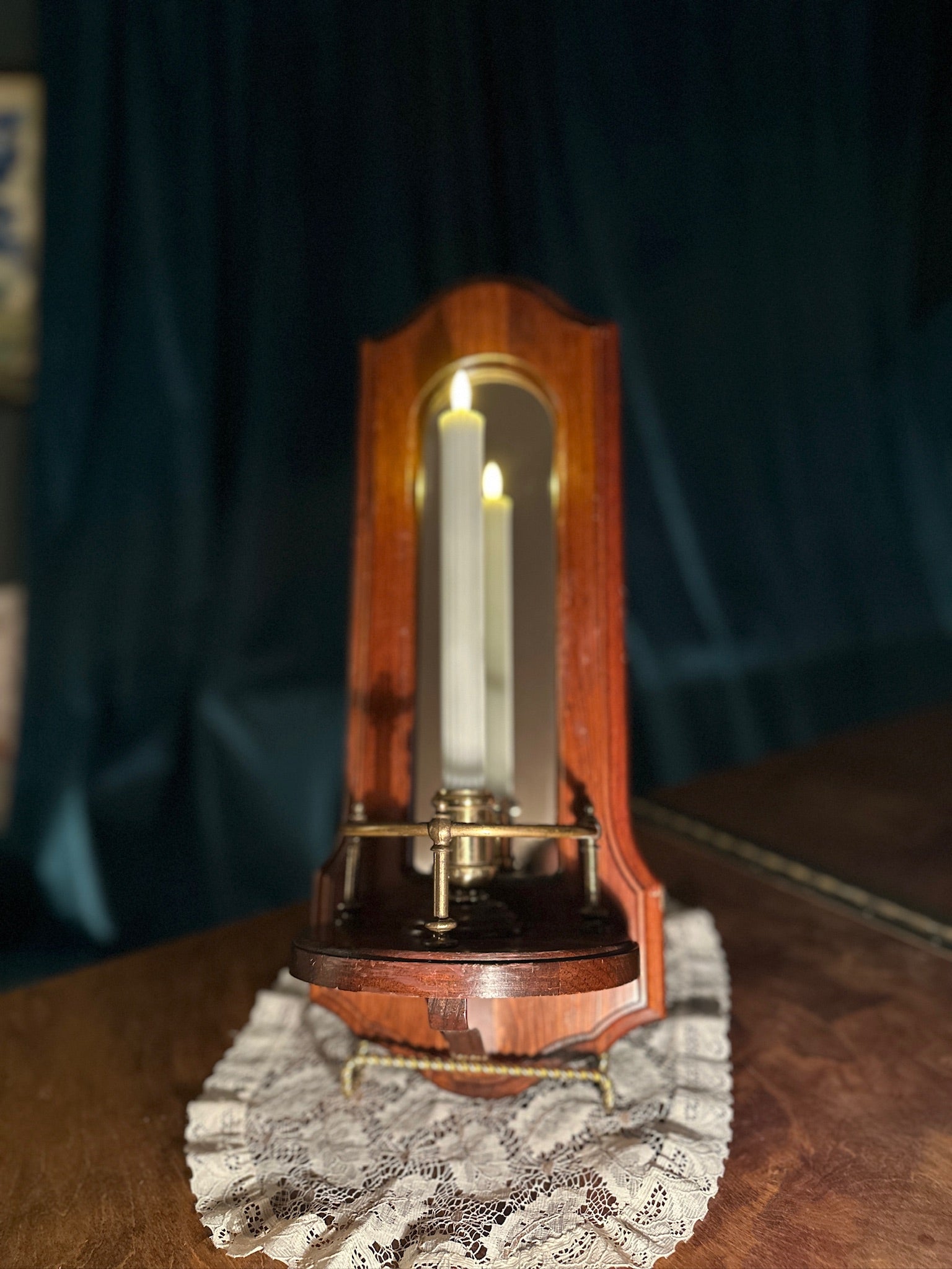 Italian Mirrored Wall Candle Sconce, c. 1950s–1960s | Federal Revival Wood & Brass Candleholder