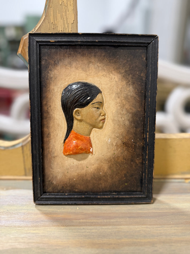 Vintage Hand-Painted Plaster Relief Portrait Plaque, c. 1930–1955
