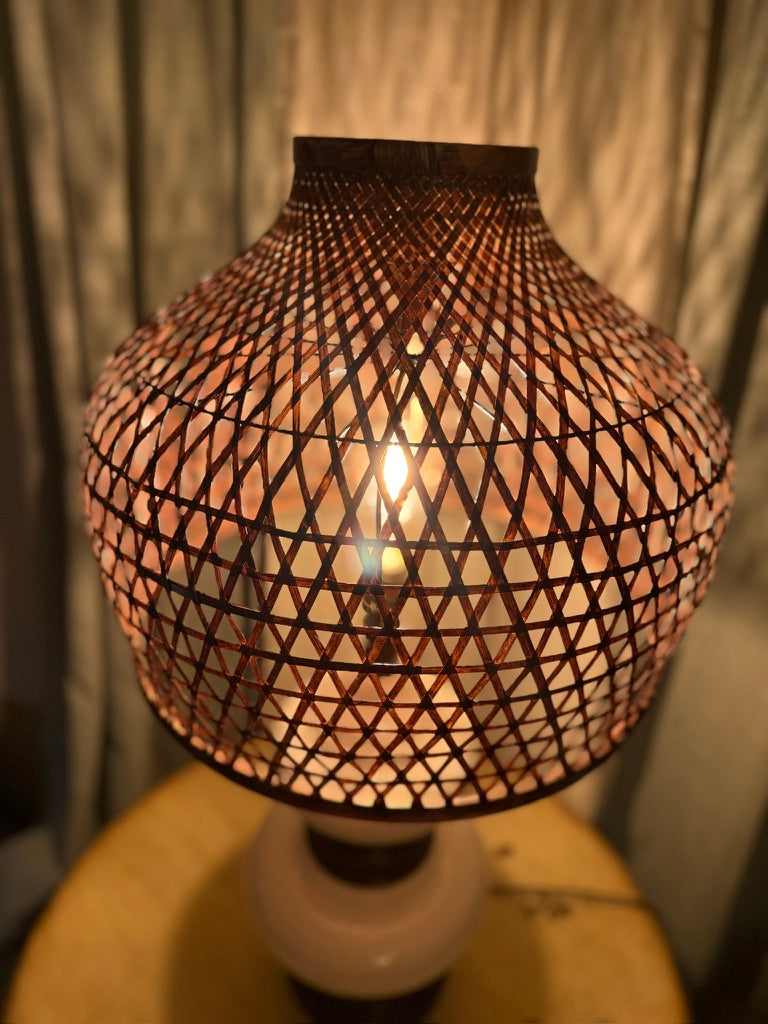 Early 20th Century Crackle Glaze Ceramic Lamp Base (c.1920–1940) with Hand-Woven Bamboo Lattice Shade