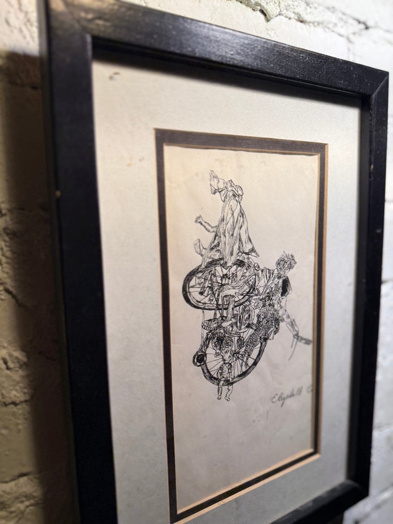 Mid Century Signed Figurative Ink Drawing of Figures Entwined with Bicycle c. 1950s