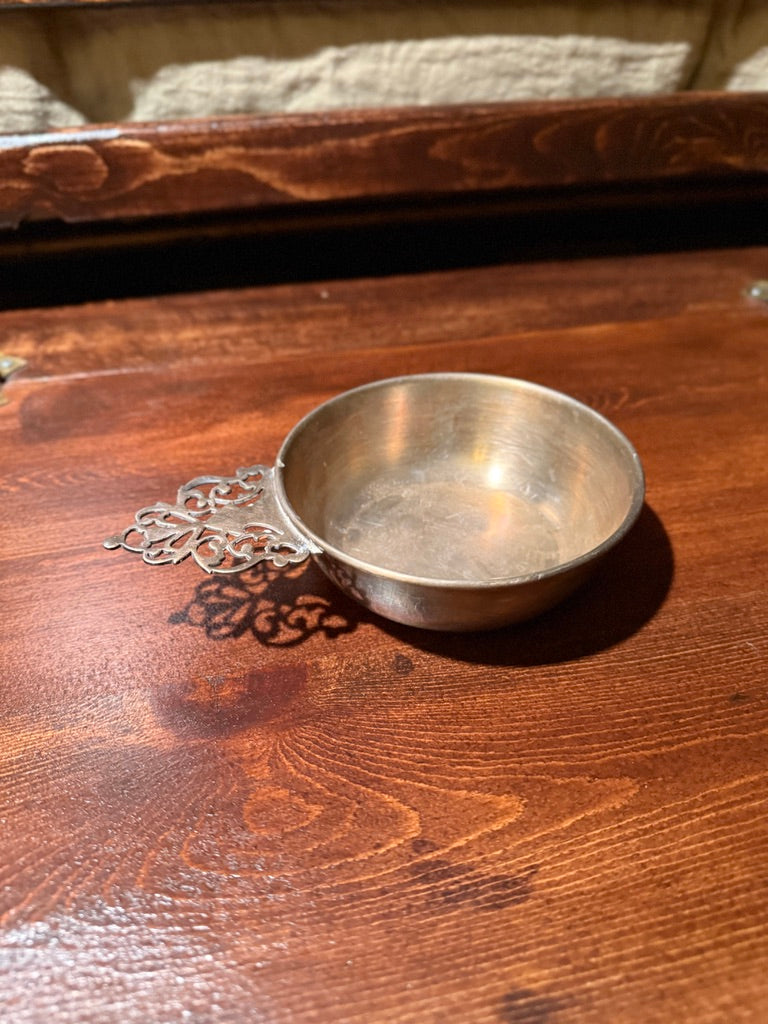 Early 20th Century Silverplate Porringer Bowl with Pierced Scroll Handle, Circa 1920s–1940s