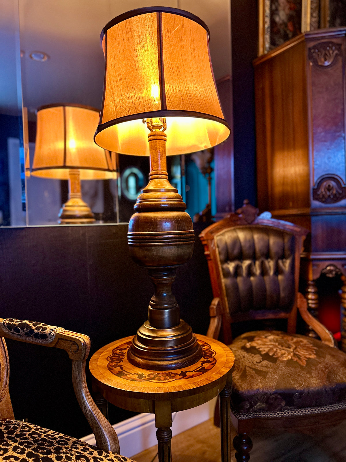 Vintage Turned Wood Table Lamp with Paneled Shade | Traditional Mid-Century Accent Lamp
