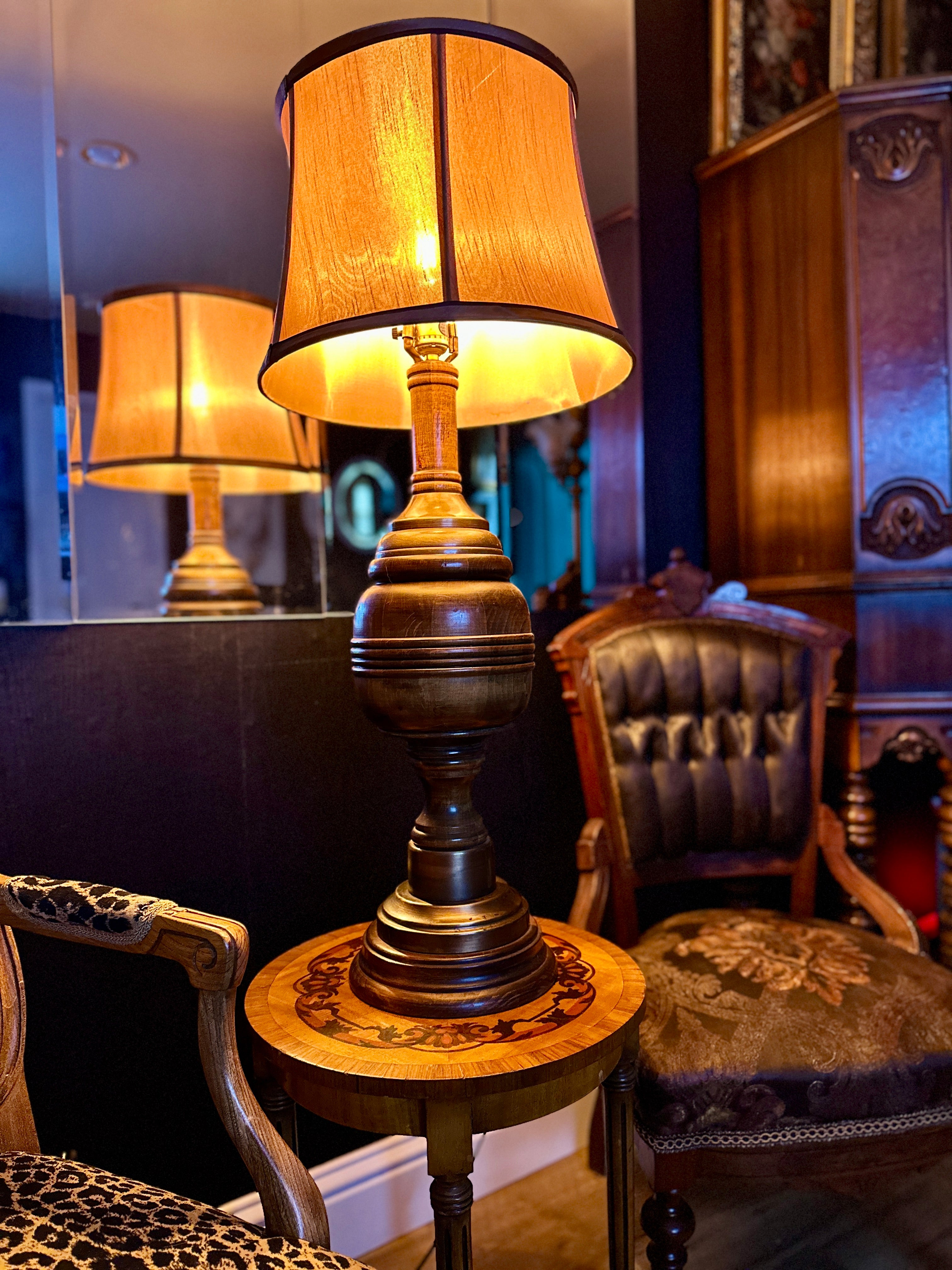 Vintage Turned Wood Table Lamp with Paneled Shade | Traditional Mid-Century Accent Lamp