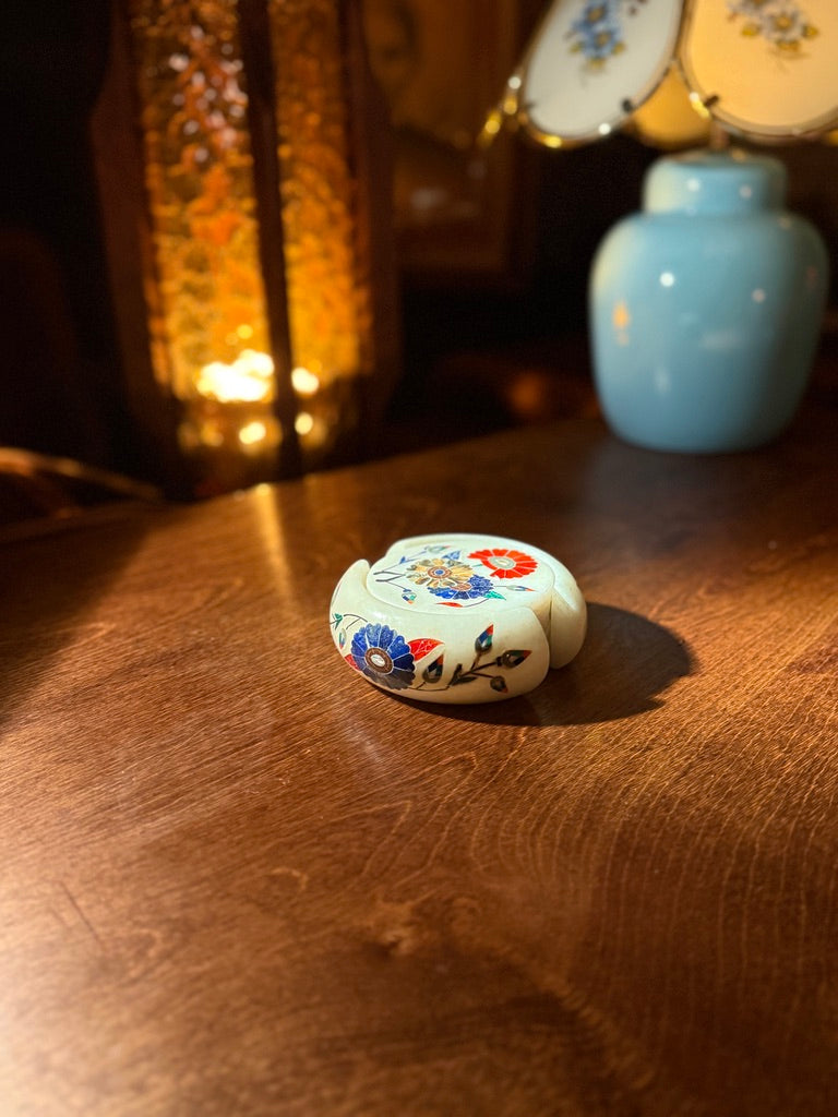 Italian Pietra Dura Marble Coaster Set with Floral Inlay, Mid-20th Century
