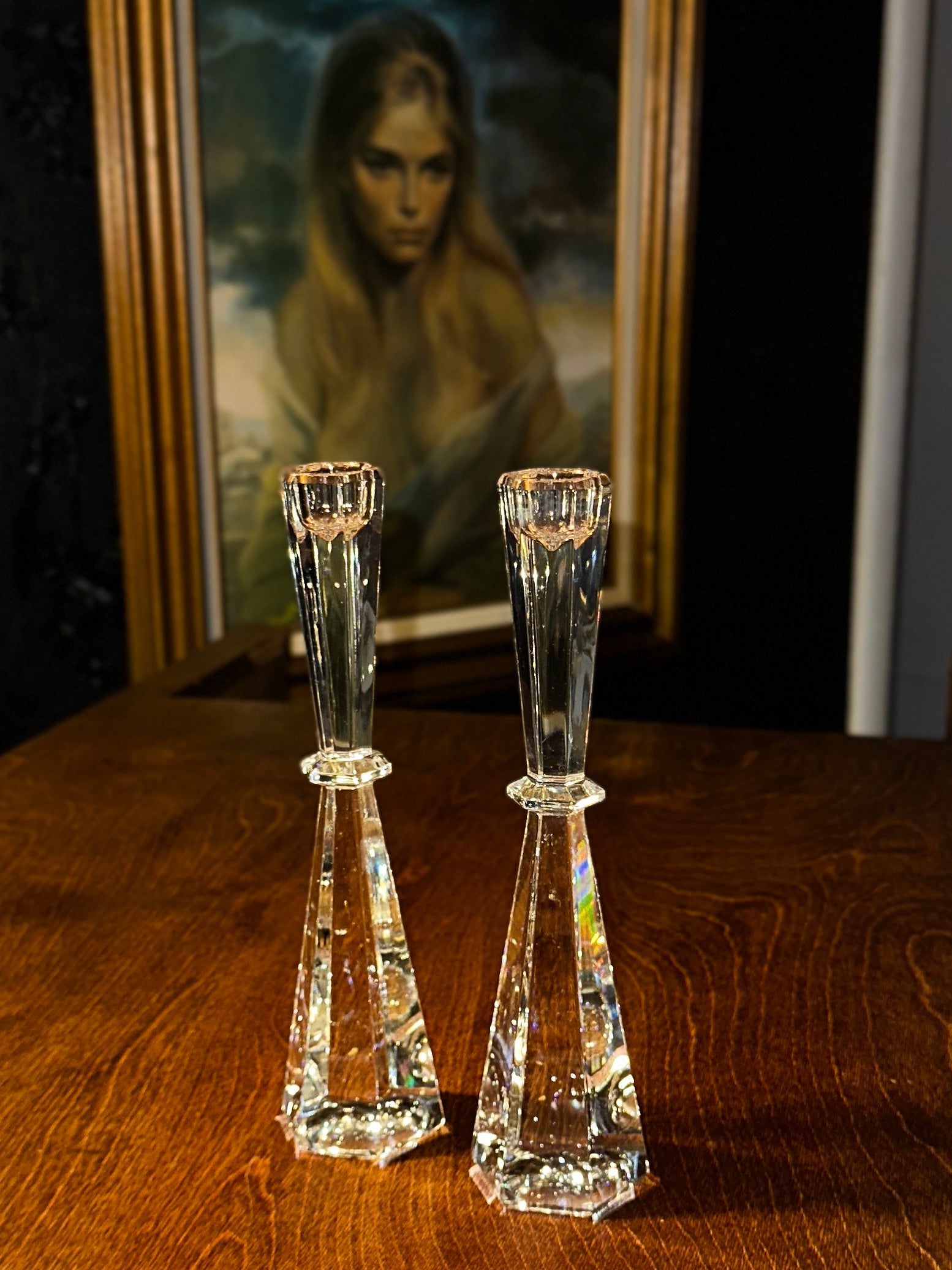 Mid-Century Faceted Crystal Candlesticks, Pair, c. 1950s–1960s