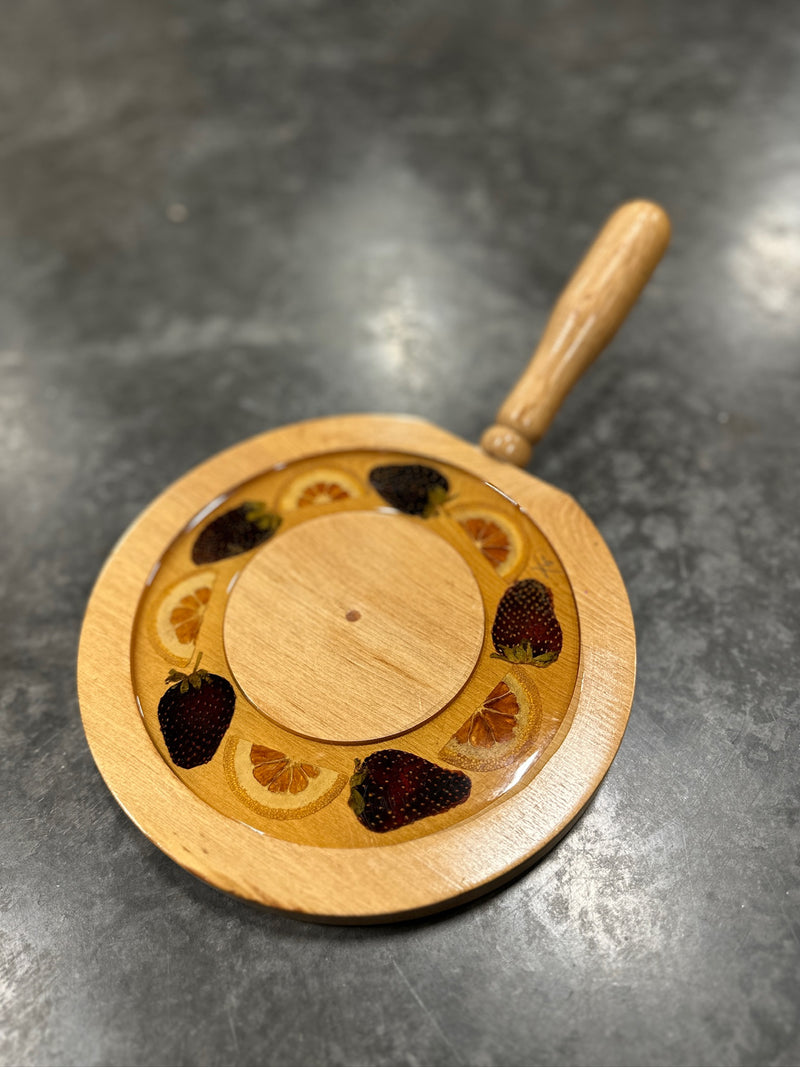Signed Cheese Board with Real Strawberries and Citrus Cast in Resin, Turned Wood with Handle, c. 1965–1980