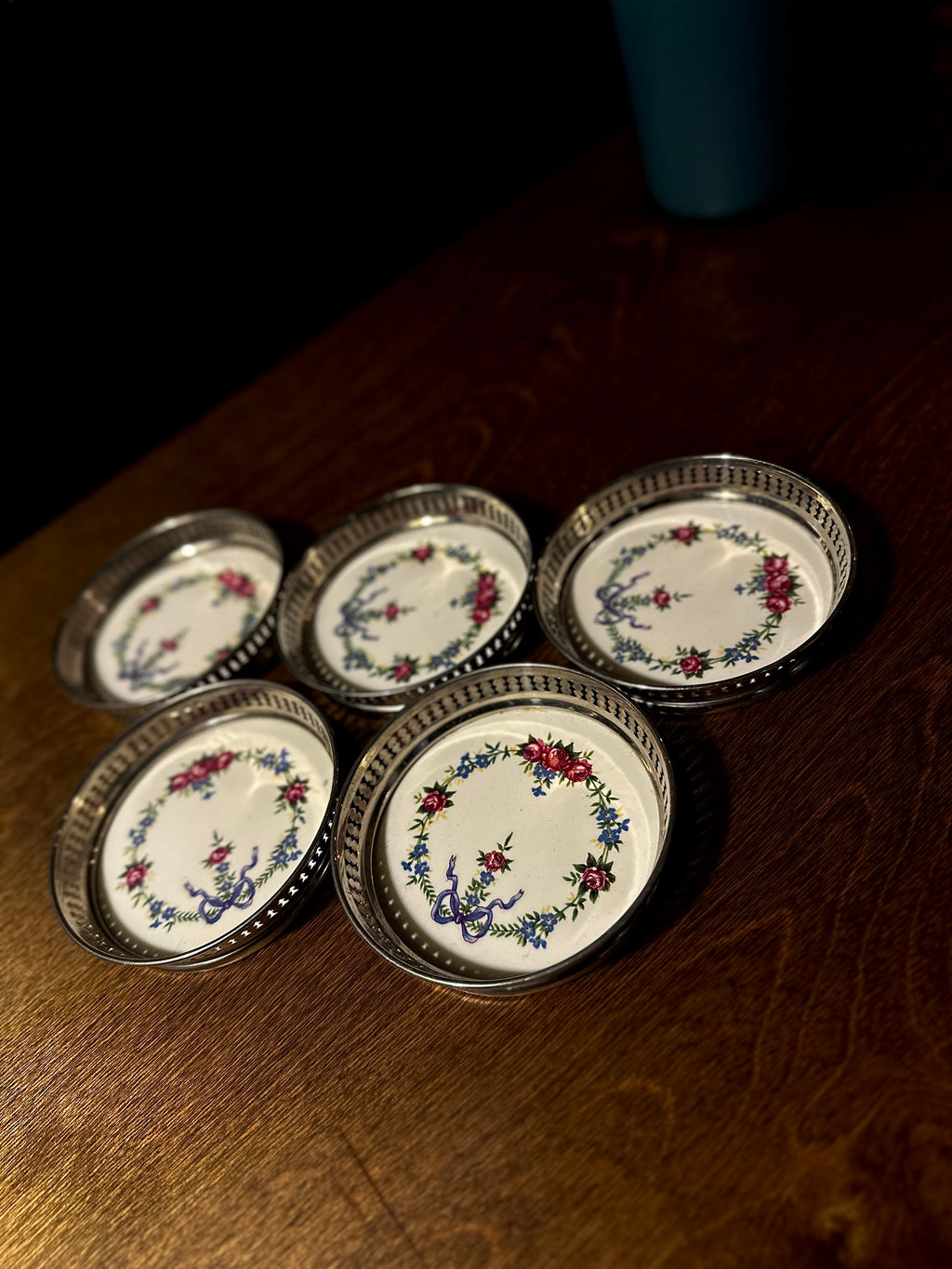 Set of Five Floral Porcelain Coasters with Pierced Silverplate Gallery Rims