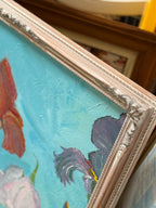 Large Bearded Iris Oil Painting on Turquoise, Monogrammed, Limed Rococo Frame, c. 1990–2010